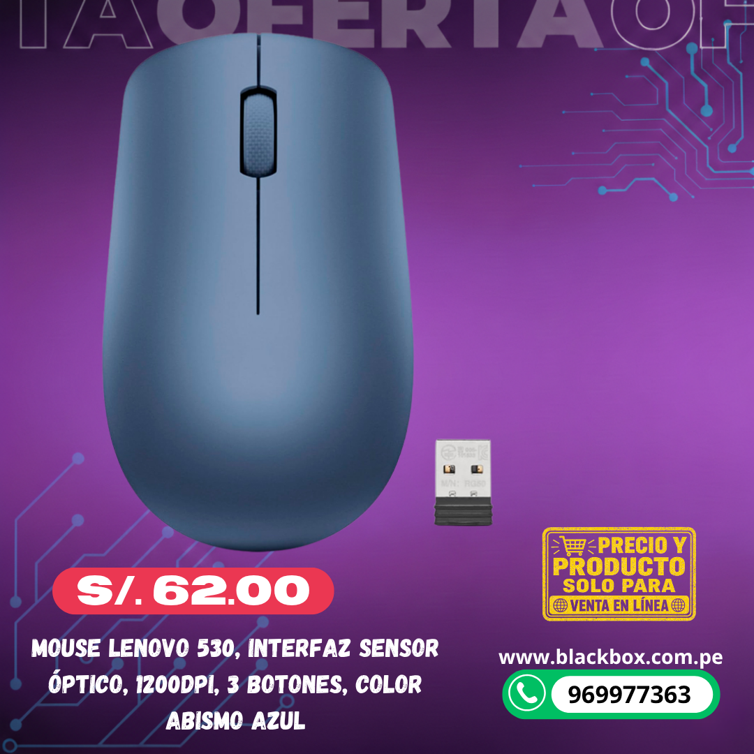 Mouse LENOVO 530, Interfaz sensor óptico, 1200DPI, 3 botones, Color abismo azul