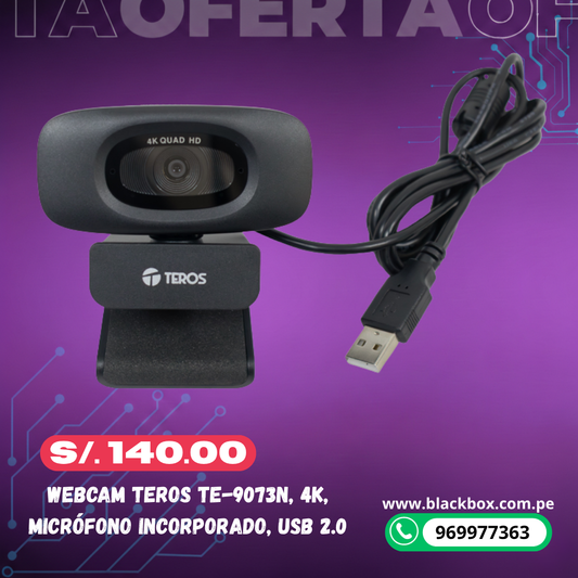 Webcam TEROS TE-9072, 2K, micrófono incorporado, USB 2.0
