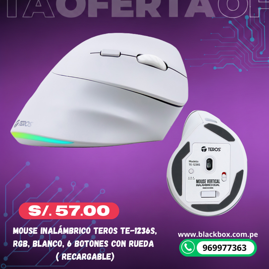 Mouse inalámbrico TEROS TE-1236S, RGB, Blanco, 6 botones con rueda