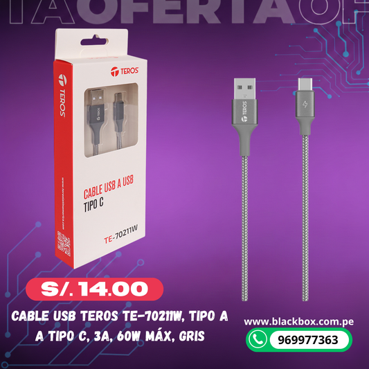 Cable USB TEROS TE-70211W, Tipo A a Tipo C, 3A, 60W Máx, gris