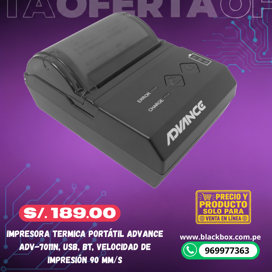 Impresora termica portátil ADVANCE ADV-7011N, USB, BT, Velocidad de impresión 90 mm/s