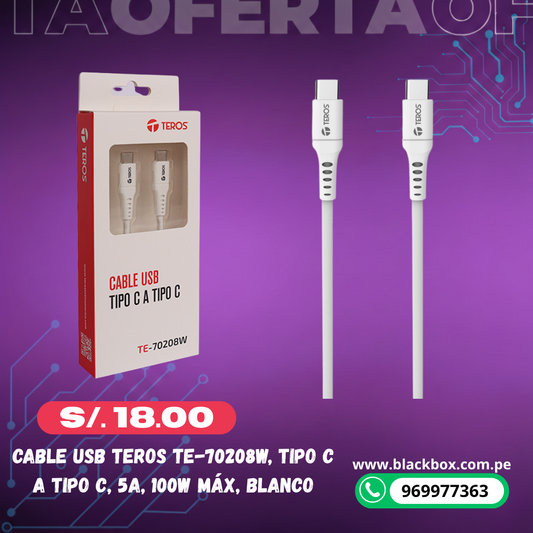 Cable USB TEROS TE-70208W, Tipo C a Tipo C, 5A, 100W Máx, blanco
