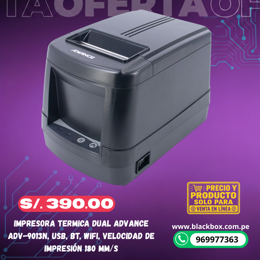 Impresora termica dual ADVANCE ADV-9013N, USB, BT, Wifi, Velocidad de impresión 180 mm/s