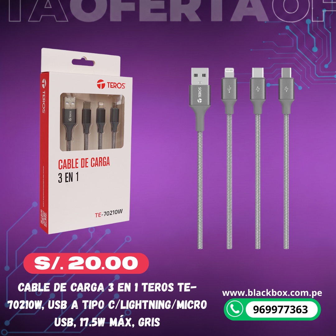 Cable de carga 3 en 1 TEROS TE-70210W, USB a Tipo C/Lightning/Micro USB, 17.5W Máx, gris