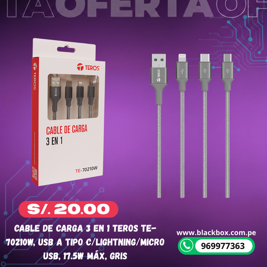 Cable de carga 3 en 1 TEROS TE-70210W, USB a Tipo C/Lightning/Micro USB, 17.5W Máx, gris