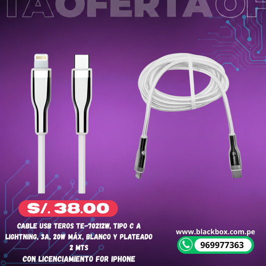Cable USB TEROS TE-70212W, Tipo C a Lightning, 3A, 20W Máx, blanco y plateado
