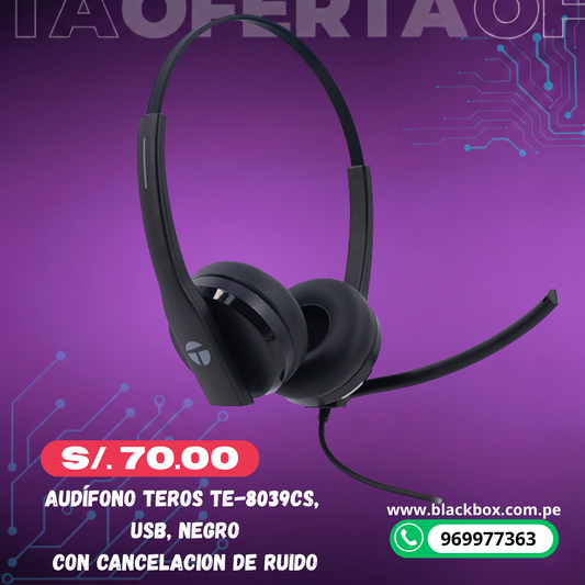 Audífono TEROS TE-8039CS, USB, Negro