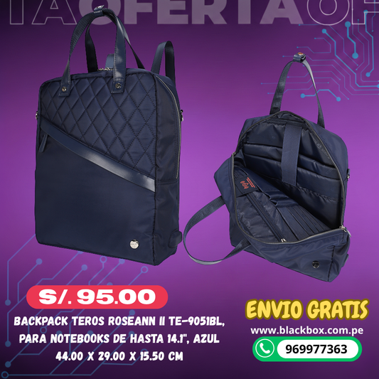 Backpack Teros Roseann II TE-9051BK, para Notebooks de hasta 14.1"