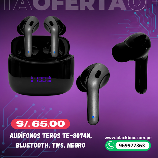 Audífonos TEROS TE-8074N, Bluetooth, TWS, negro