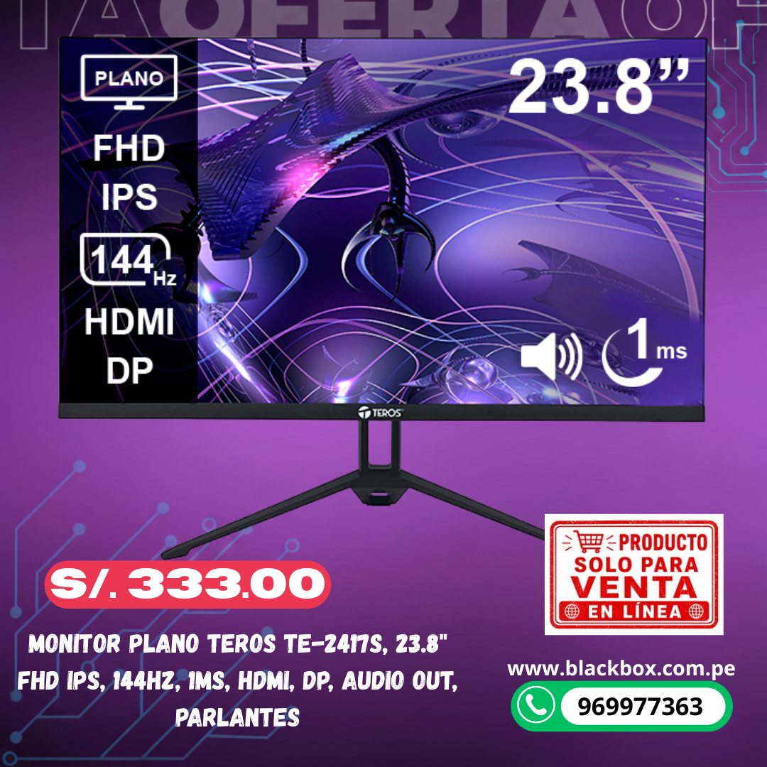 Monitor plano TEROS TE-2417S, 23.8" FHD IPS, 144Hz, 1ms, HDMI, DP, Audio out, Parlantes