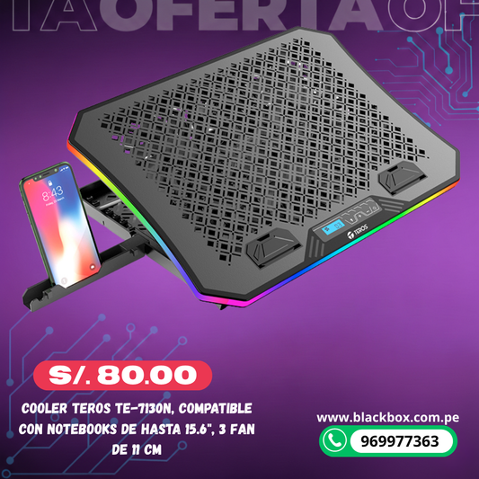 Cooler TEROS TE-7130N, compatible con notebooks de hasta 15.6", 3 fan de 11 cm