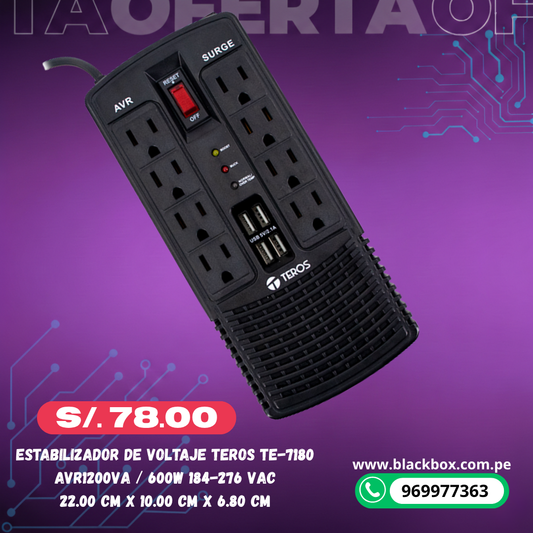 Estabilizador de voltaje TEROS TE-7180 AVR1200VA / 600W 184-276 VAC