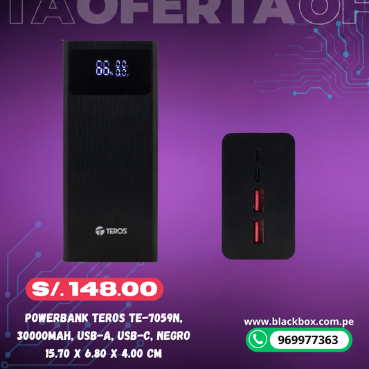 Powerbank TEROS TE-7059N, 30000MAh, USB-A, USB-C, negro