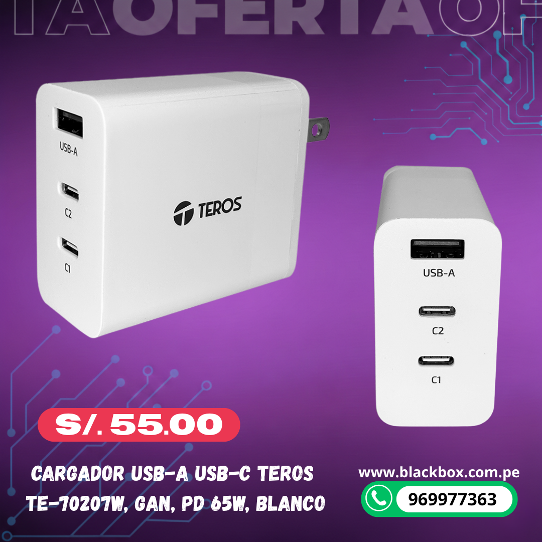Cargador USB-A USB-C TEROS TE-70207W, GaN, PD 65W, blanco