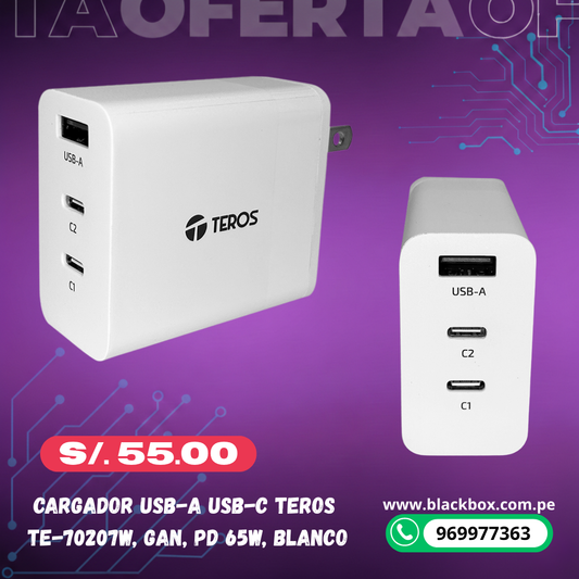 Cargador USB-A USB-C TEROS TE-70207W, GaN, PD 65W, blanco