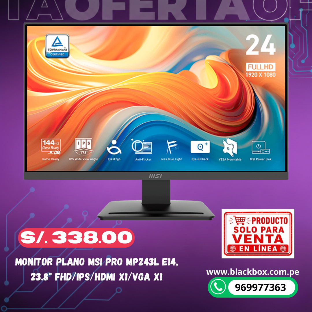 Monitor Plano MSI PRO MP243L E14, 23.8" FHD/IPS/HDMI x1/VGA x1