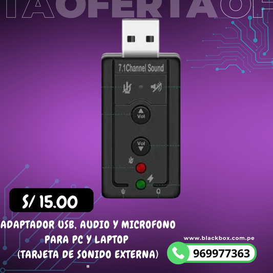 ADAPTADOR USB, AUDIO Y MICROFONO PARA PC Y LAPTOP  (TARJETA DE SONIDO EXTERNA)