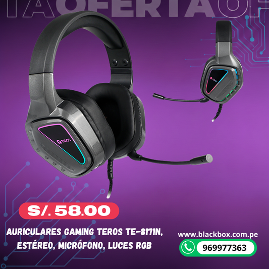 Auriculares gaming TEROS TE-8171N, estéreo, micrófono, luces RGB