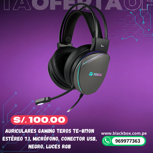 Auriculares Gaming TEROS TE-8170N estéreo 7.1, micrófono, conector USB, Negro, Luces RGB