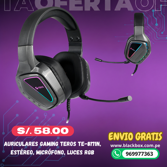 Auriculares gaming TEROS TE-8171N, estéreo, micrófono, luces RGB