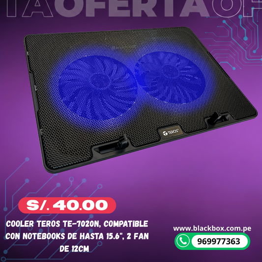 Cooler TEROS TE-7020N, compatible con notebooks de hasta 15.6", 2 fan de 12cm