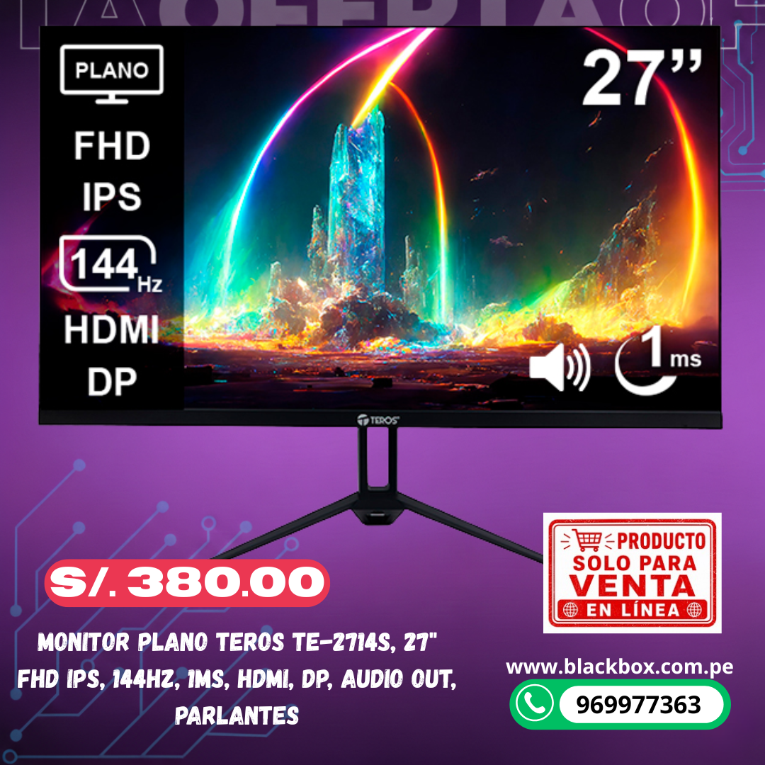 Monitor plano TEROS TE-2714S, 27" FHD IPS, 144Hz, 1ms, HDMI, DP, Audio out, Parlantes