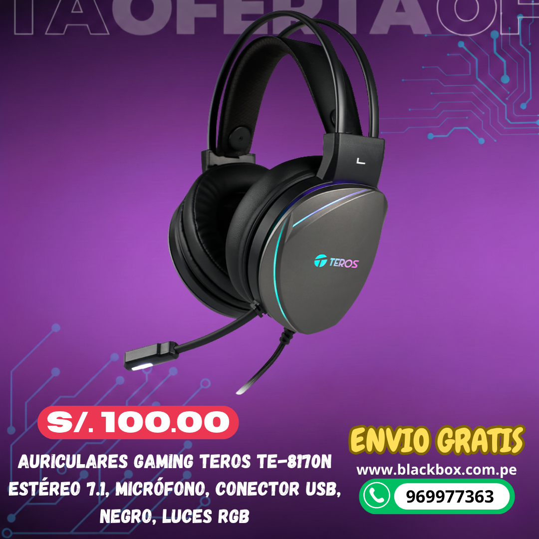 Auriculares Gaming TEROS TE-8170N estéreo 7.1, micrófono, conector USB, Negro, Luces RGB