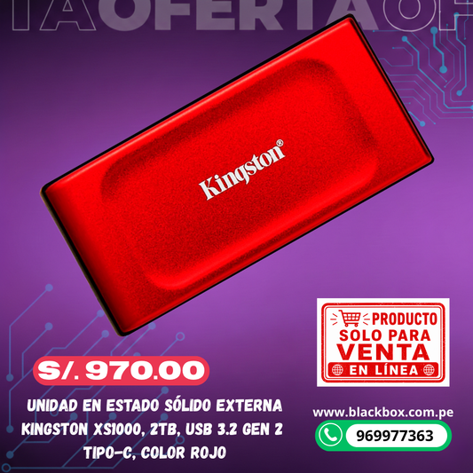Unidad en estado sólido externa Kingston XS1000, 2TB, USB 3.2 Gen 2 Tipo-C, Color Rojo