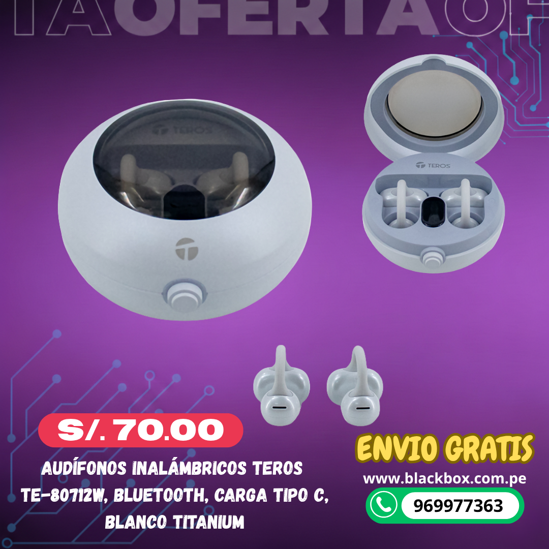 Audífonos Inalámbricos TEROS TE-80712W, Bluetooth, Carga Tipo C, blanco Titanium