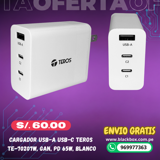 Cargador USB-A USB-C TEROS TE-70207W, GaN, PD 65W, blanco