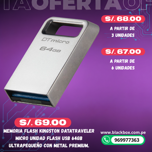 Memoria Flash Kingston DataTraveler Micro Unidad Flash USB Ultrapequeño con Metal Premium.