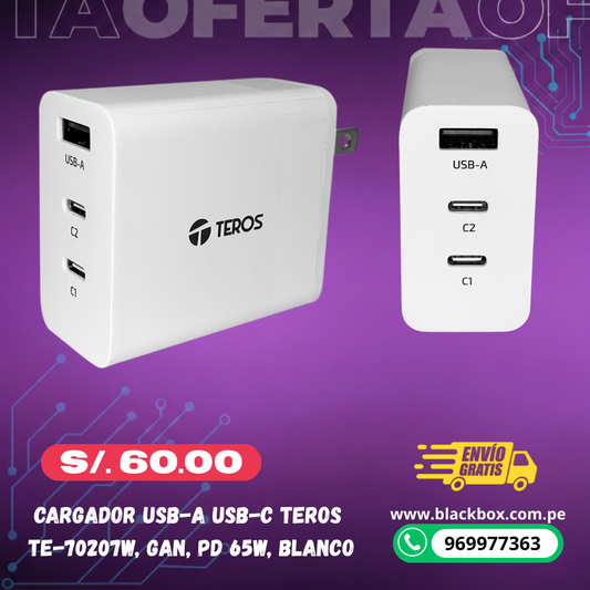 Cargador USB-A USB-C TEROS TE-70207W, GaN, PD 65W, blanco