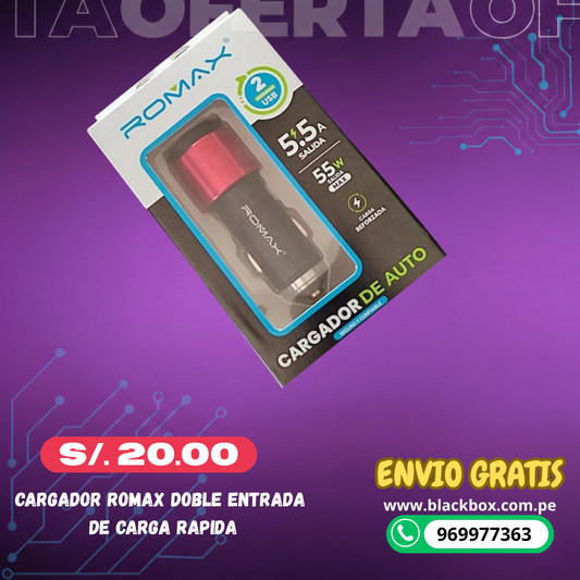 CARGADOR ROMAX PARA AUTO  5.5 A CON DOS PUERTOS USB
