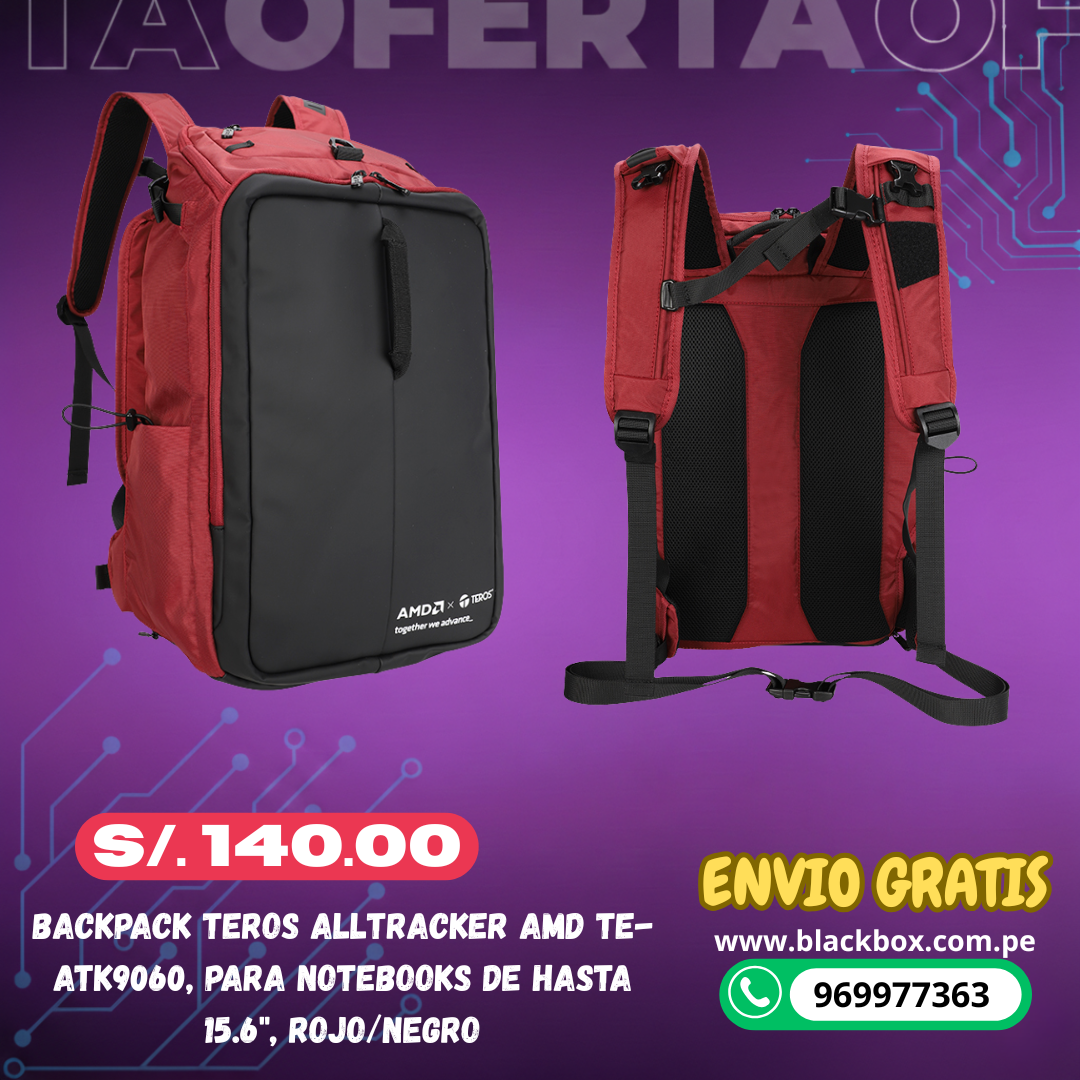Backpack TEROS Alltracker AMD TE-ATK9060, para Notebooks de hasta 15.6", Rojo/Negro