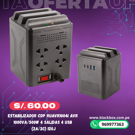Estabilizador CDP RUAVR1004i AVR 1000VA/500W 4 salidas 4 USB (2A/2C) 120J