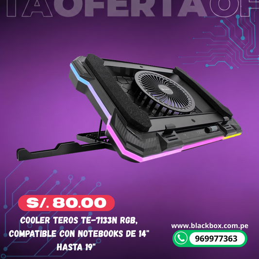 Cooler TEROS TE-7133N RGB, compatible con notebooks de 14" hasta 19"