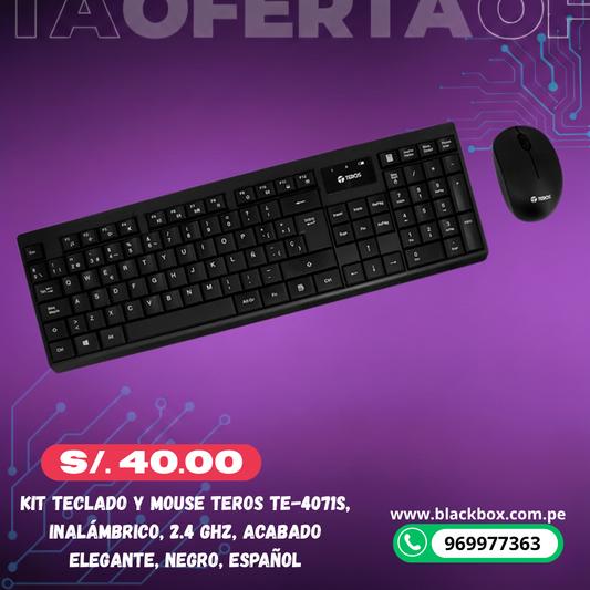 Kit teclado y mouse TEROS TE-4071S, inalámbrico, 2.4 GHz, acabado elegante, negro, español