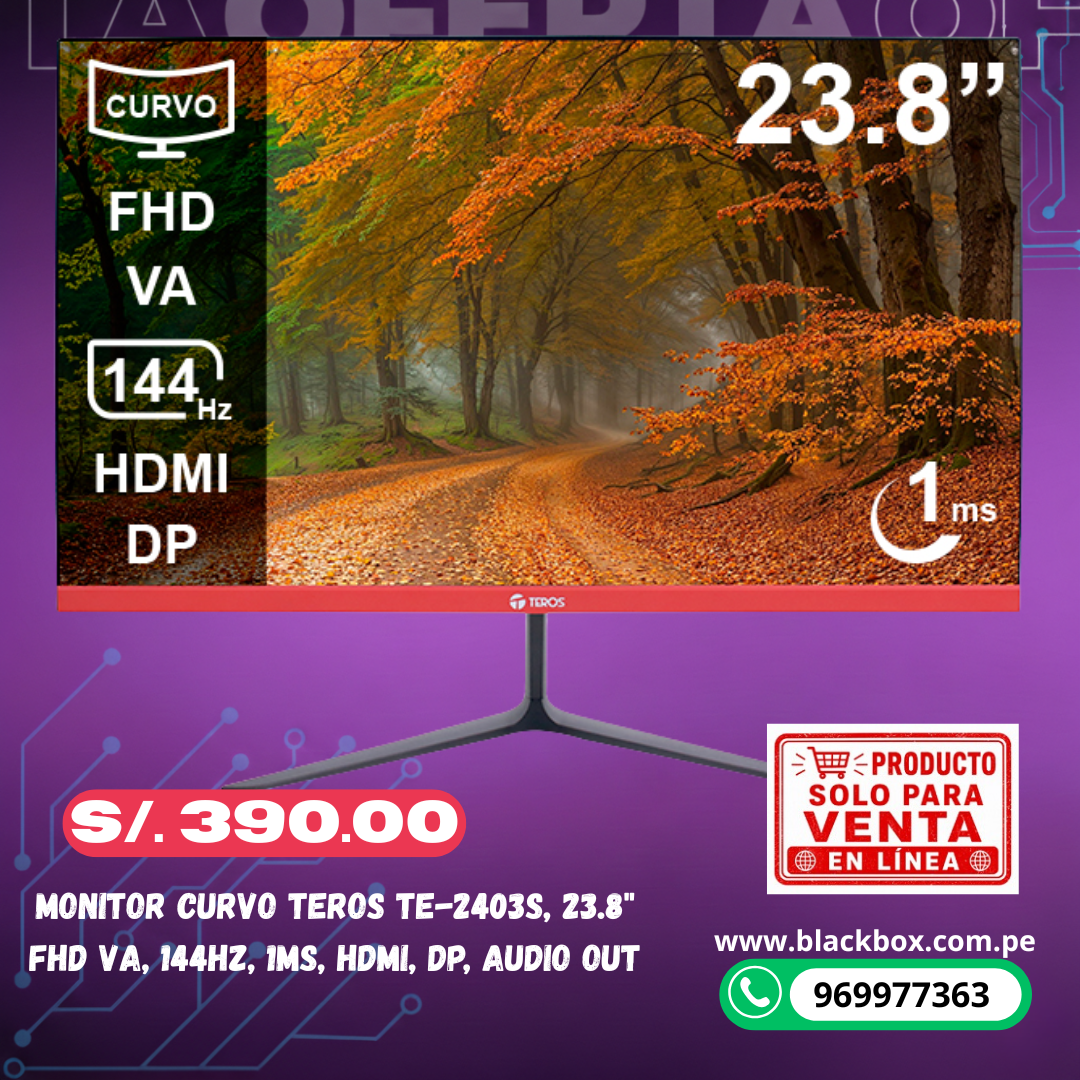 Monitor curvo TEROS TE-2403S, 23.8" FHD VA, 144HZ, 1MS, HDMI, DP, Audio out