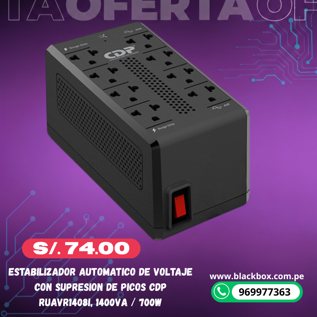 Estabilizador automatico de voltaje con supresion de picos CDP RUAVR1408i, 1400VA / 700W