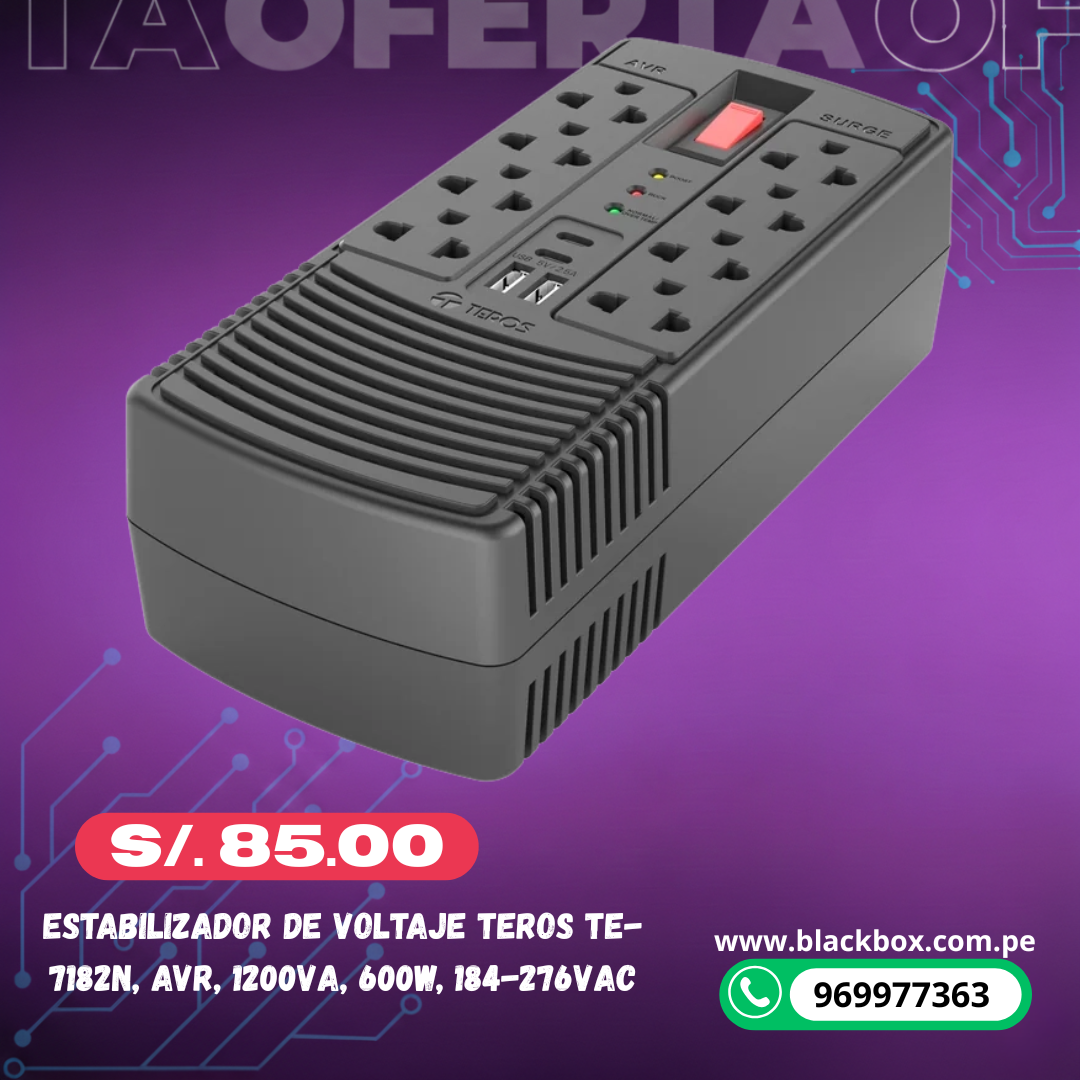 Estabilizador de voltaje TEROS TE-7182N, AVR, 1200VA, 600W, 184-276VAC