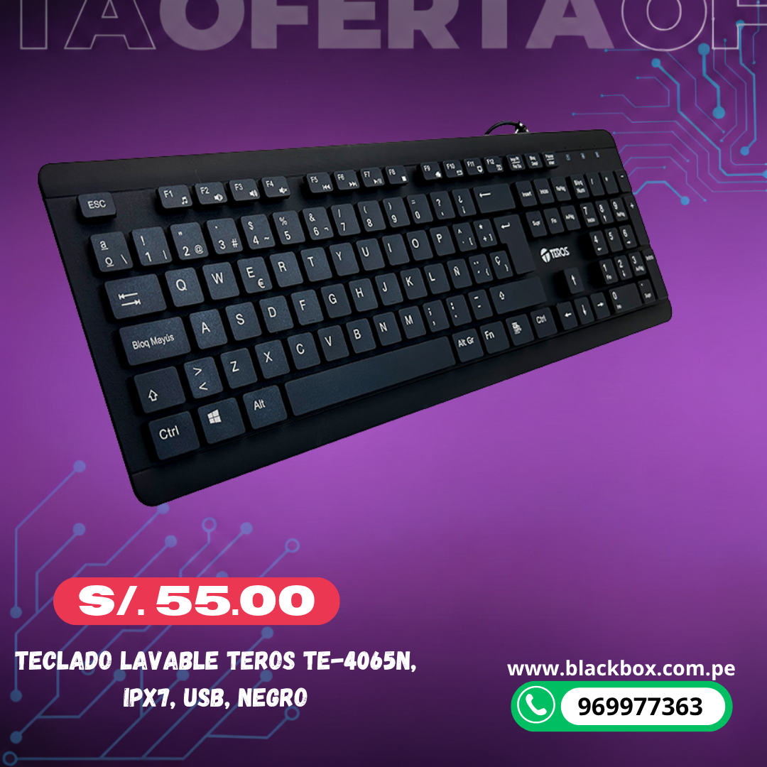 Teclado lavable TEROS TE-4065N, IPX7, USB, negro