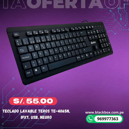 Teclado lavable TEROS TE-4065N, IPX7, USB, negro