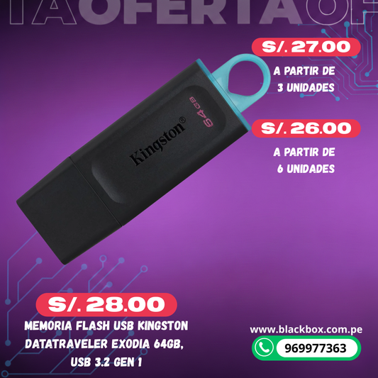 Memoria Flash USB Kingston DataTraveler Exodia 64GB, USB 3.2 Gen 1