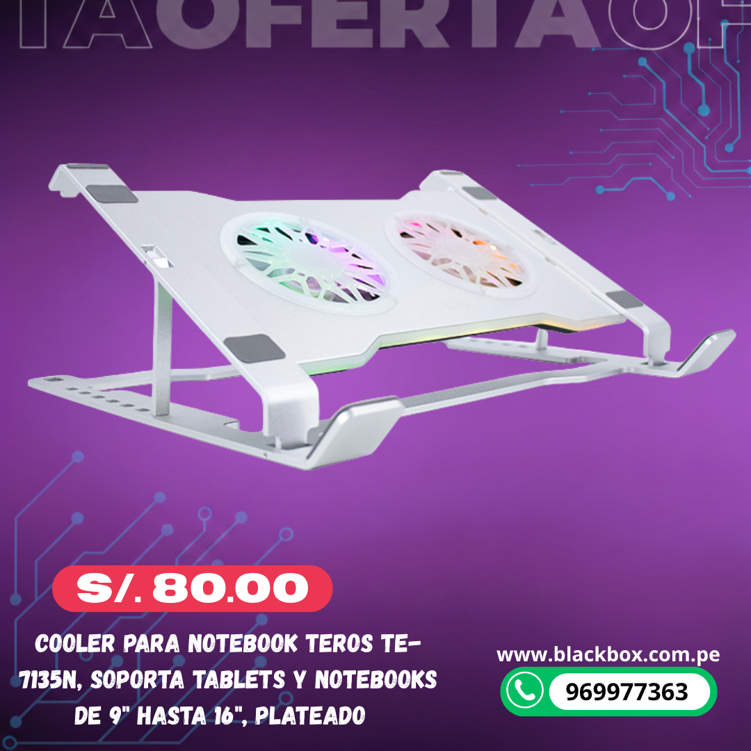 Cooler para notebook TEROS TE-7135N, soporta tablets y notebooks de 9" hasta 16", plateado