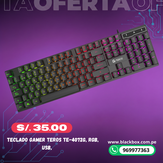 Teclado gamer TEROS TE-4072G, RGB, USB, negro