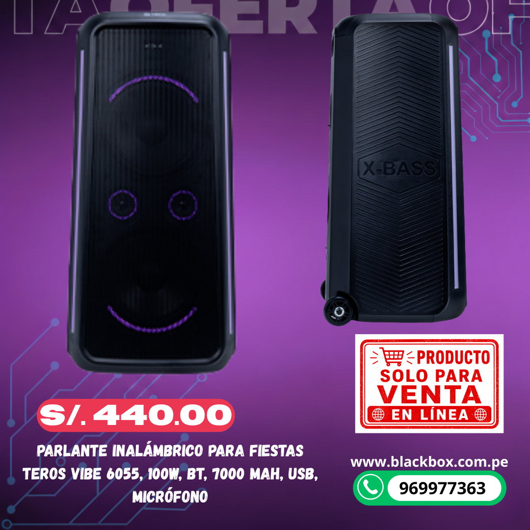 Parlante inalámbrico para fiestas Teros Vibe 6055, 100W, BT, 7000 mAh, USB, Micrófono