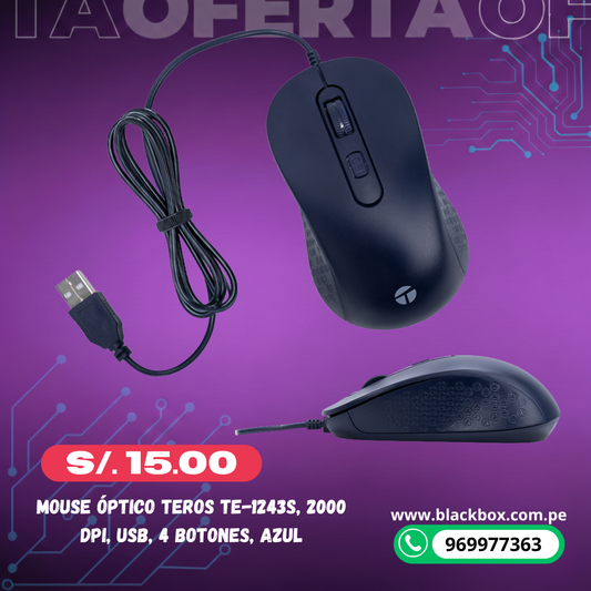 Mouse óptico TEROS TE-1243S, 2000 DPI, USB, 4 botones, azul