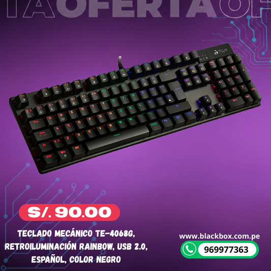 Teclado mecánico TE-4068G, retroiluminación rainbow, USB 2.0, español, color negro